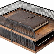 Set of 2 Vintage Wood & Metal Letter Tray，Desk Organizers Paper Tray，Office File Organizer(Black)