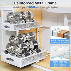 Under Sink Organizer, 2 Tier Pull Out Under Cabinet Organizer Shelf with Pad for Framed Cabinets, Metal Slide Out Under Sink Storage, Mesh Sliding Drawers for Kitchen Bathroom Laundry(White, 1 Pack)