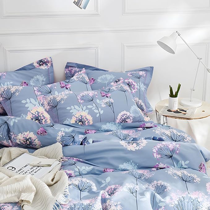 MKXI Purple Floral Comforter Set Dandelion Print Comforter Queen Set Cozy Patterned Comforter Reversible Flowers Bedding Set Queen Size