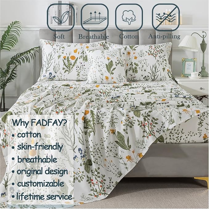 FADFAY Twin XL Sheets Set, 100% Percale Cotton Floral Dorm Bedding, Extra Long Twin Botanical Print Sheets & Pillowcases Yellow Flowers & Leaves, Breathable & Soft Wildflower Bedding for College