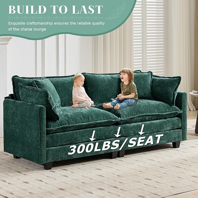 SoarFlash Chenille 77.95" Sectional Sofa, Comfy L Shaped Modular Coush Sofa with Ottoman, Modern 2 Seat Couch Deep Seat Sofa Set for Living Room,Green