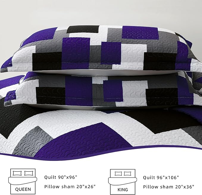 2 Piece Dark Purple Grey Quilt Set Twin Size Black White Gray Geometric Reversible Bedding Set Microfiber Lightweight Bedspread Coverlet with 1 Sham Modern Bed Covers for All Season, 68''x86''