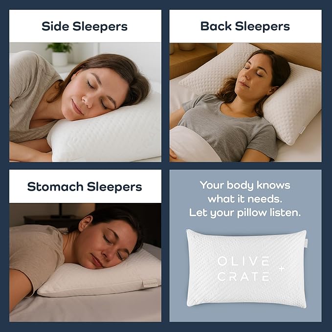 Olive + Crate BreathePure™ Adjustable Loft Shredded Memory Foam Pillow - Queen Size - Cooling Pillow, Hypoallergenic Bed Pillows, CertiPUR-US Certified Foam, Ideal for Back, Stomach and Side Sleeper