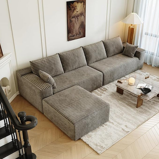 139.4" Modular Sectional Sofa, L-Shaped Minimalist Couches with Ottoman Chaise, Modern Deep Seat Convertible Sleeper Sofa,Cloud Plush Corduroy Fabric, No Assembly Required, 5 Seater, Camel
