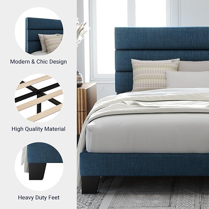 Allewie Queen Size Platform Bed Frame with Fabric Upholstered Headboard and Wooden Slats Support, Fully Upholstered Mattress Foundation/No Box Spring Needed/Easy Assembly, Navy Blue
