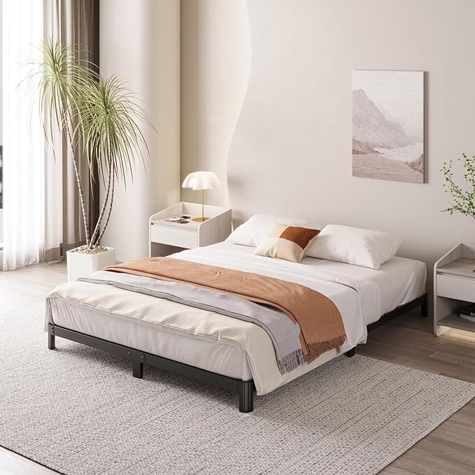 6 Inch Low Profile Queen Bed Frame Rounded Corner No Box Spring Needed, Heavy Duty Metal Queen Size Platform Bed Frame, Easy Assembly, Noise Free, Black