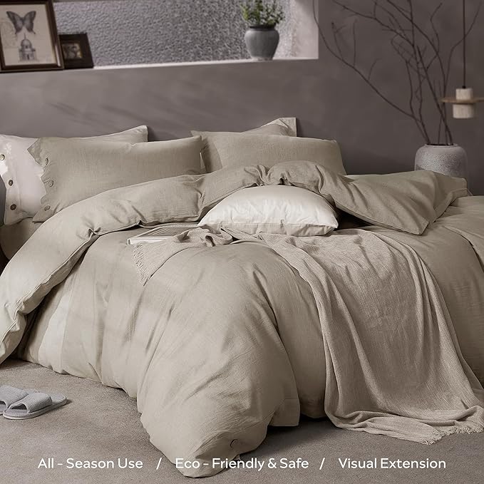 JELLYMONI Cotton Duvet Cover Queen Size - Taupe Comforter Cover with Button 100% Washed Cotton 3PCS Breathable Soft Solid Bedding Set Duvet Cover 90×90in & 2 Pillowcases (NO Comforter)