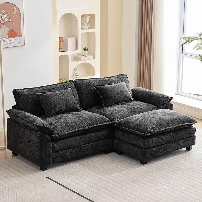 86" Modular Sectional Sofa, Comfy Cloud Couch Sectional Sofa with Ottoman, Chenille Sofa Sleeper Deep Seat Sofa with Throw Pillows for Living Room (Black, 86"- L Shape)