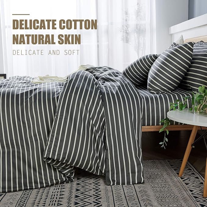 JELLYMONI 100% Natural Cotton 2pcs Striped Duvet Cover Sets, Dark Grey Duvet Cover with White Stripes Pattern Printed Comforter Cover, with Zipper Closure & Corner Ties(Twin Size)