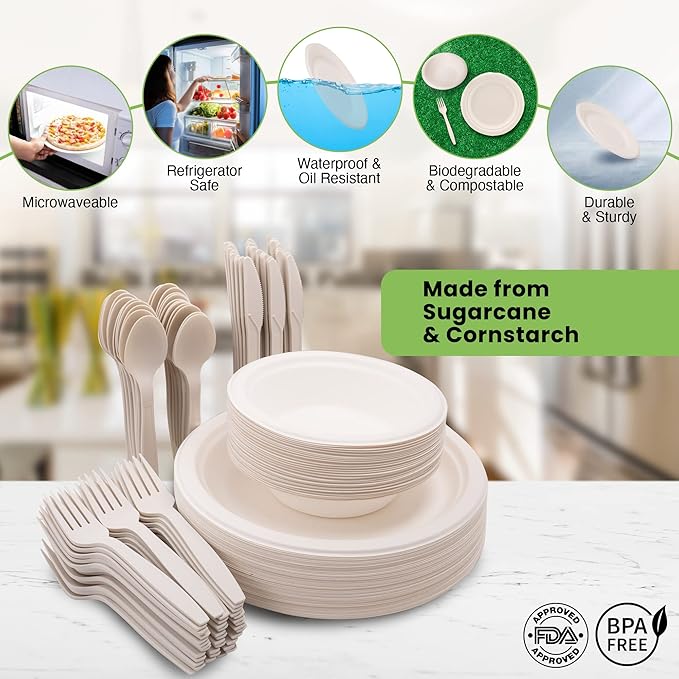 250 Piece (50 Sets) Biodegradable Paper Plates Set (EXTRA LONG UTENSILS), Disposable Dinnerware Set, Eco Friendly Compostable Plates & Utensil include Plates, Bowls, Forks, Knives and Spoons