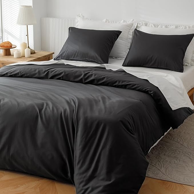 HeimenAogo Egyptian Cotton Duvet Cover King Size Sateen Weave, Silky Soft and Breathable Bedding Set with Zipper Closure, Long Staple Cotton Bed Linen Moonless Night Black 3Pcs