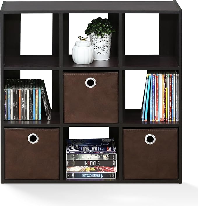 Furinno Simplistic 9-Cube Organizer with Bins, Small Size (Assembled Unit Dimensions : 7.9"D x 26.5"W x 26.7"H Inches), Dark Walnut