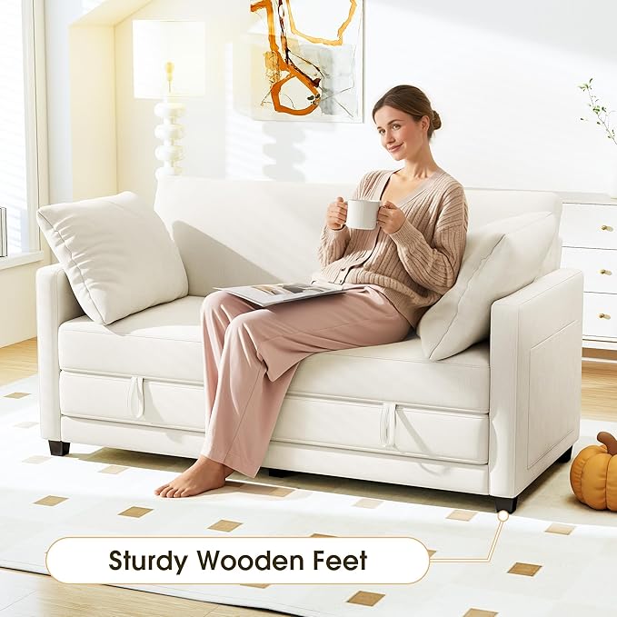 65" Convertible Loveseat Sofa Bed, 2-in-1 Folding Sofa Bed with 2 Pillow for Small Spaces, Modern Loveseat Sleeper Couch for Apartment, Living Room & Guest Room (Beige Chenille, 65 inch)