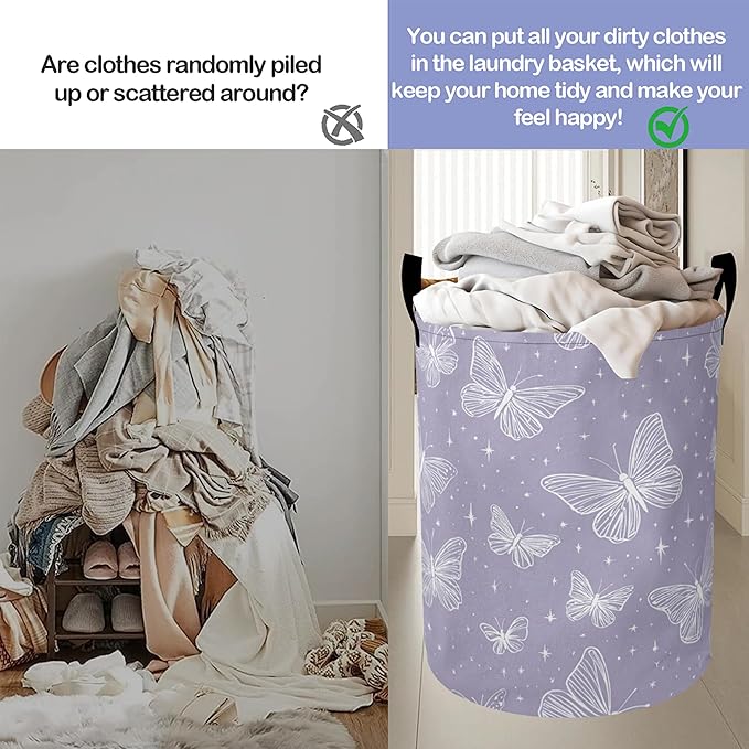 Groovy Butterfly Laundry Basket,Purple Oxford Cloth Laundry Hamper With Handle Foldable Portable Clothes Storage Basket Storage Bag For Laundry Room/Bathroom/Bedroom/Dormitories