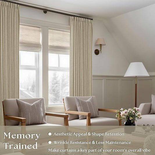 Light Khaki Linen Pinch Pleated Curtains 84 Inches Long 2 Panels for Living Room Bedroom Flax Linen Pleated Hooks Rings Back Tab Light Filtering Taupe Country Farmhouse Curtain Drapes 84 Inch Length