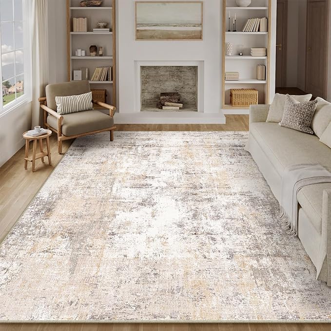 12x15 Area Rug Beige Grey Abstract Living Room Bedroom Washable Carpet Neutral Modern Non Slip Soft Low Pile Indoor Extra Large Throw Rug for Dining Room