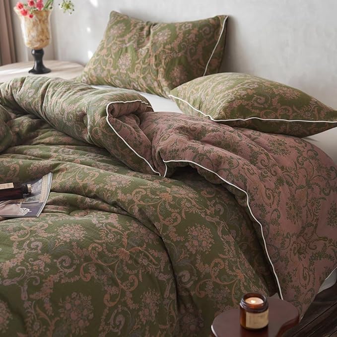 MKXI Floral Linen Comforter Set King Army Green Vintage Paisley Comforter Bedding for Neutral Bedroom Rich Rust Jacquard Floral Bed Comforters for Men Women Cotton Yarn-Dyed Textured Soft Lightweight