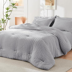 HYMOKEGE Light Grey Twin Comforter Set Seersucker 5 Pieces, All Season Luxury Bed in a Bag for Bedroom, Bedding Set with Comforters, Sheets, Pillowcase & Sham