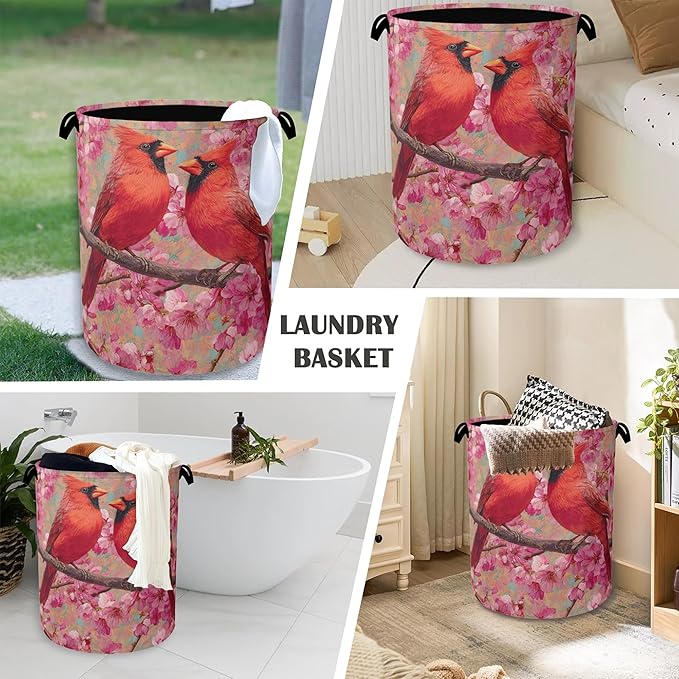 Red Cardinal Laundry Hamper,Cherry Blossoms Dirty Clothes Laundry Basket with Handles Waterproof Oxford Cloth Storage Basket for College Dorms Bathroom Bedroom 16" x 20.8"