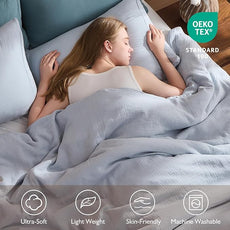 EMME Muslin Cotton Duvet Cover Set Blue Queen Size Linen Like Soft Breathable Lightweight Summer Comforter Cover Set with Zipper Closure (Blue, Queen, 90