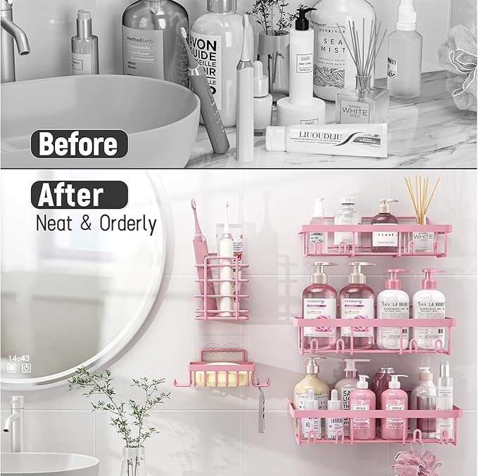5 Pack Shower Caddy Organizer Rack Shelf for Inside Shower, Adhesive Bathroom Wall Storage Basket Rustproof Stainless Steel Shampoo Holder, Girly Bathroom Accessory Decor Set, Pink