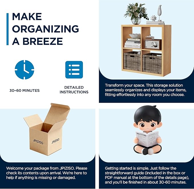 4 Cube Storage Organizer, 2x2 Cube Bookshelf, Cubby Storage Shelf, Wooden Organizer Shelf with Thickened Boards, for Closet Bedroom Home Office Living Room, 25.12" L x 9.37" W x 25.12" H, Natural-Oak