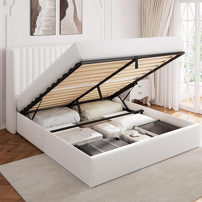 Full Size Lift Up Storage Bed, Upholstered Velvet Platform Bed Frame with Wingback Headboard, Hydraulic System, Solid Wooden Slats Support, No Box Spring Needed, Easy Assembly, White