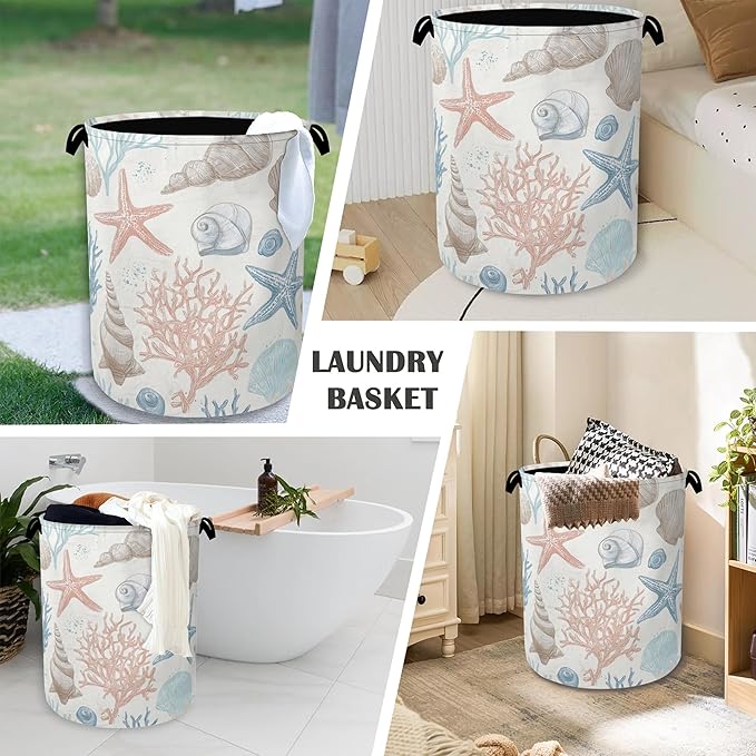 Starfish Laundry Hamper,Shell Coral Dirty Clothes Laundry Basket with Handles Waterproof Oxford Cloth Storage Basket for College Dorms Bathroom Bedroom 16" x 20.8"