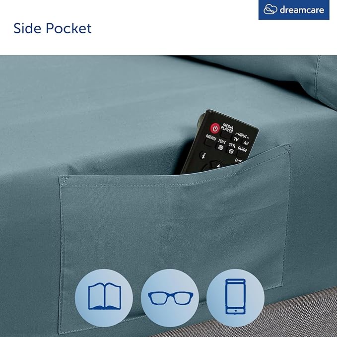 DREAMCARE Queen Size Sheets - Cooling Bed Sheets - 4pcs Set - up to 15" Deep Pocket Queen Sheet Set - Sheets Queen Size Bed - Soft & Long Lasting 100% Fine Microfiber with Side Pocket - Mineral Blue DREAMCARE