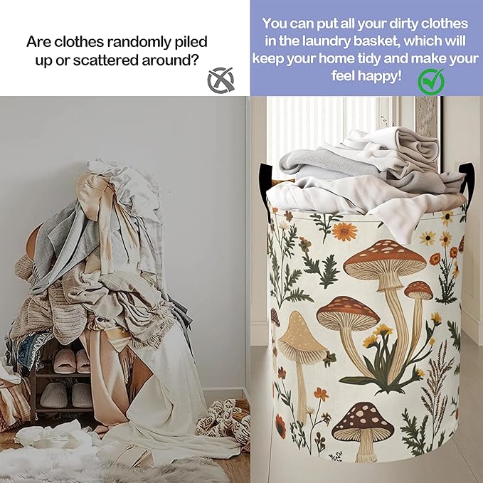 Laundry Basket,Retro Mushrooms Large Canvas Fabric Lightweight Storage Hamper Organizer Dirty Clothes Collapsible Waterproof for College Dorms,Bathroom