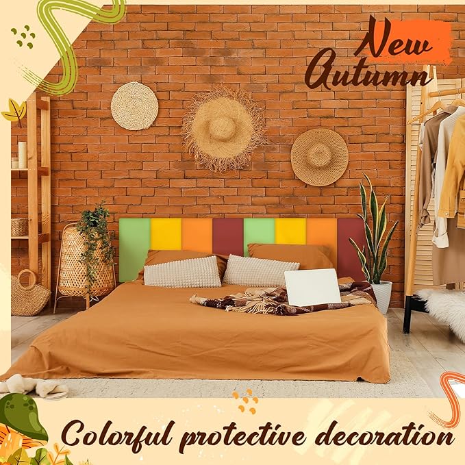 12 Pack Wall Padding for Playroom Peel and Stick Headboard 15.75" x 7.87" x 1.18" 3D Anti Collision Upholstered Wall Panels Self Adhesive Headboard Panel for Protection (Orange Yellow Colors)