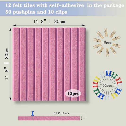 Large Cork Board Alternative-12 Pcs Self-Adhesive Felt Bulletin Board Tiles, Felt Pin Board Cork Board Tiles for Home Office Wall Decor, Tack Board 47"x35" (Rose