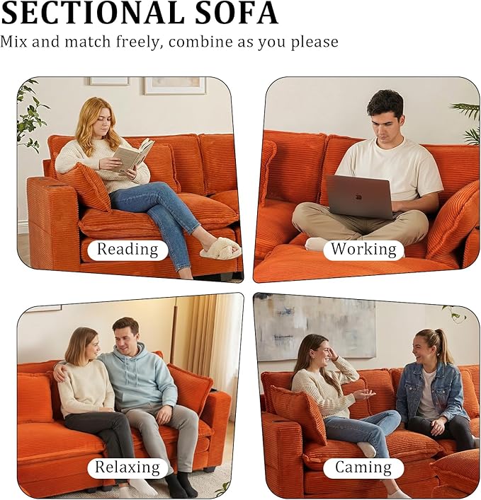 Gexpusm Modular Sectional Sofa,99" Couches for Living Room,Corduroy Sofa with Ottoman & Pillow,Cloud Sectional Couch with Cup Holders & USB,Side Pockets,3-Seat Corduroy Boneless Chair Indoor (Orange)