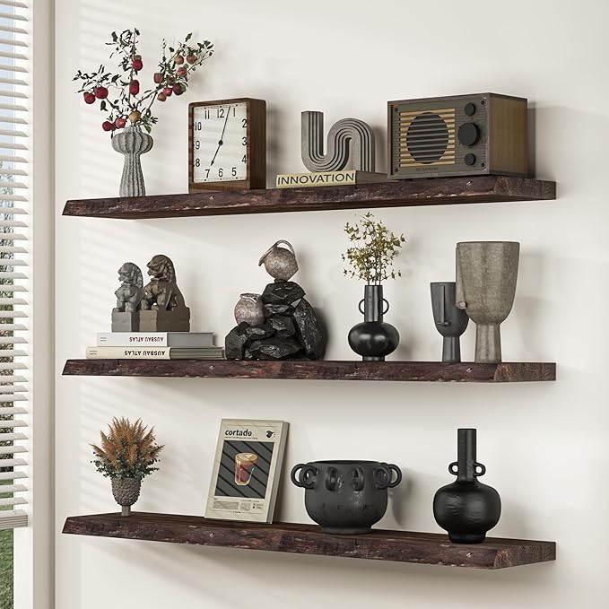 Floating Shelves for Wall, 24"x9.3" Rustic Solid Live-Edge Elm Wood Wall Shelves, Heavy-Duty Floating Shelves with Invisible Brackets, Set of 2 for Living Room, Bedroom, and Kitchen, Walnut Finish