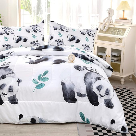 CVHOUSE Panda Bedding Set, Kawaii Panda Comforter Twin Set with 1 Comforter and 2 Pillow Cases - 3 Piece