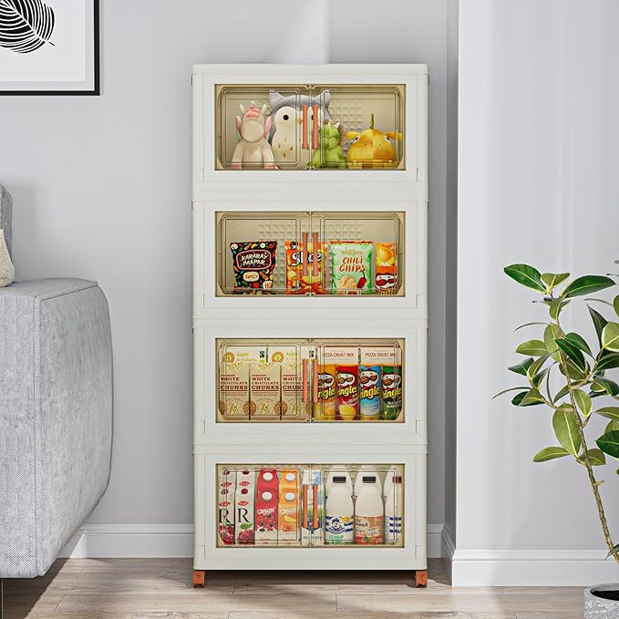 VECELO 240 QT Stackable Storage Bins with Wheels, Magnetic Dual Opening Doors & Transparent Panels, Plastic Foldable Storage Containers for Living Room, Bedroom, Kitchen, Office