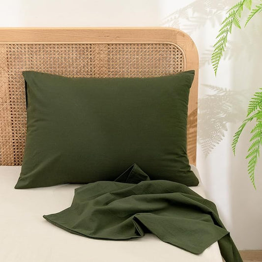 BESTOUCH 100% Washed Cotton Pillowcase for Hair and Skin Linen Feel Soft Comfortable Breathable 2 Set Pillow Case with Envelope Closure Solid Olive Green Queen 20x30 Inches