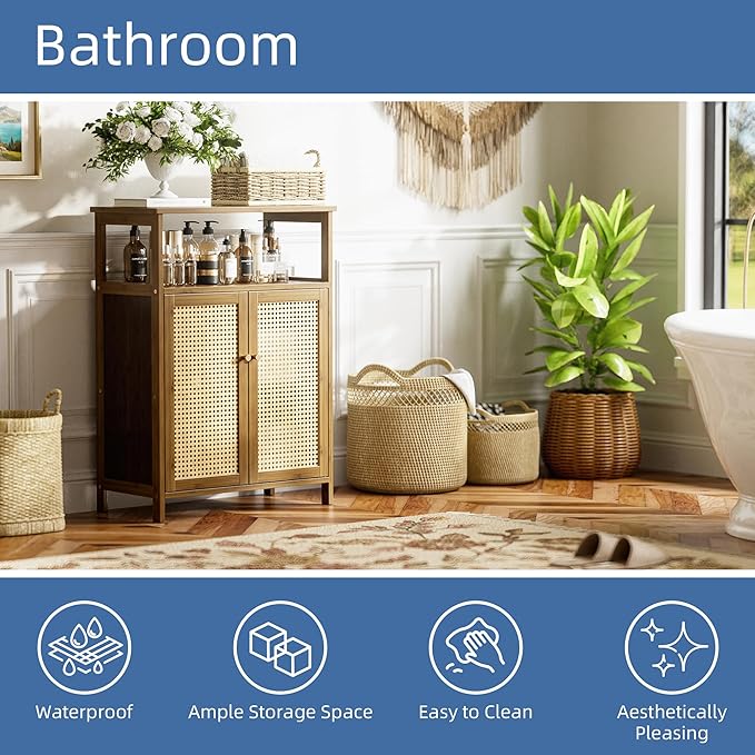 HITNET Rattan Bathroom Floor Cabinet, Freestanding Bamboo Storage Cupboard with 2 Doors, Living Room Sideboard, Space Saving, Walnut