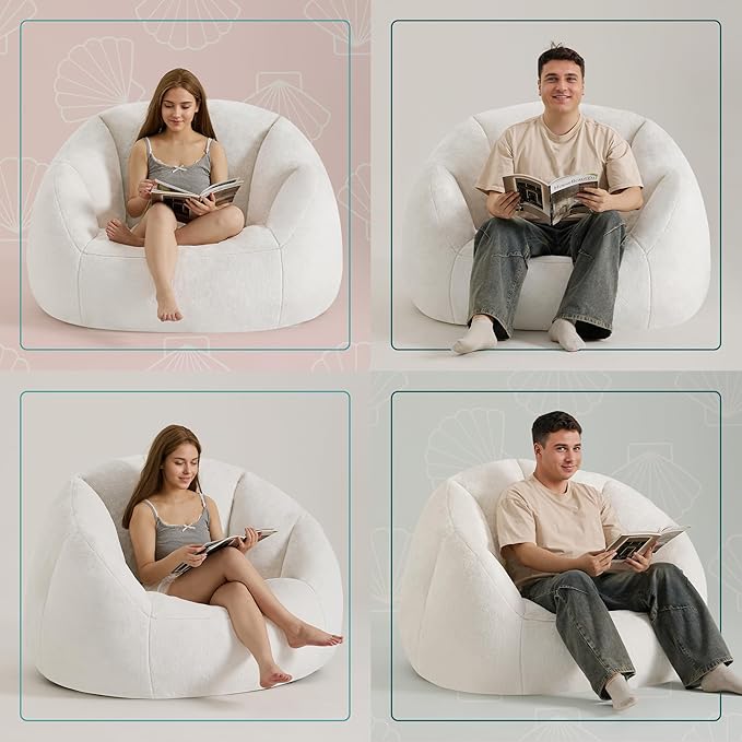 Swivel Giant Bean Bag Chair for Adults - Comfy Plush Round Shell Soft Accent Chair, Oversized Cozy Floor Sofa for Living Room, Bedroom & Game Rooms, Beige
