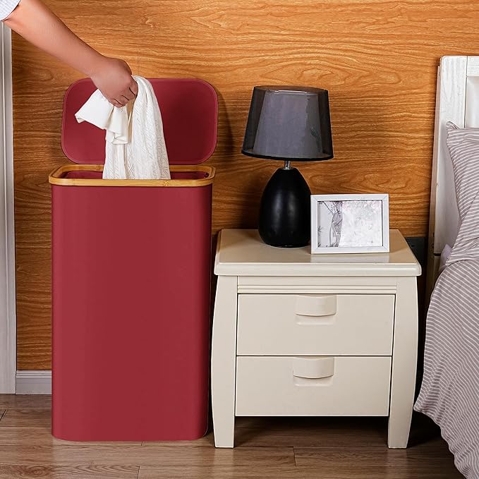 efluky Slim Laundry Basket with Lid, Narrow Laundry Hamper with Removable Bag, Skinny Dirty Clothes Basket with Bamboo Handles for Bathroom, Bedroom & Laundry Room, 75L Burgundy