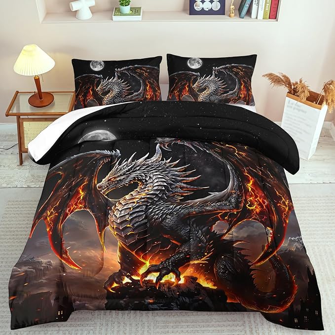 Black Dragon Comforter Set Full Adult,Flame Dragon Bedding Set for Boys,Magical Beast Bedding Fantasy Animal Comforter Beedroom Decor,Magical Beast Quilt Bed Decor
