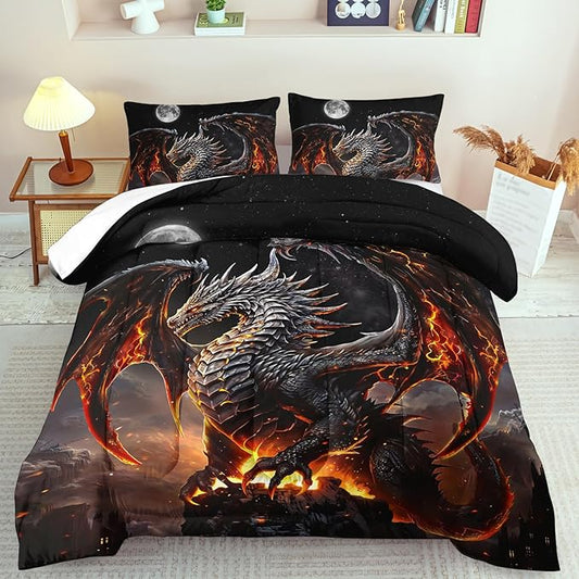 Black Dragon Comforter Set Full Adult,Flame Dragon Bedding Set for Boys,Magical Beast Bedding Fantasy Animal Comforter Beedroom Decor,Magical Beast Quilt Bed Decor