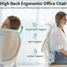 TRALT Ergonomic Office Chair - Desk Chair with Wave High Back Adjustable Lumbar Support Computer Chair - Gaming Chairs Mesh Backrest and PU Leather Seat for Home Reading Chairs to Adults(Beige)