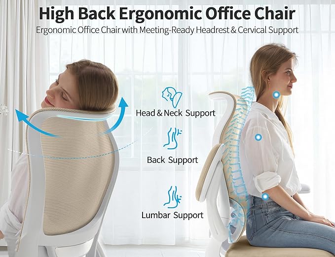 TRALT Ergonomic Office Chair - Desk Chair with Wave High Back Adjustable Lumbar Support Computer Chair - Gaming Chairs Mesh Backrest and PU Leather Seat for Home Reading Chairs to Adults(Beige)