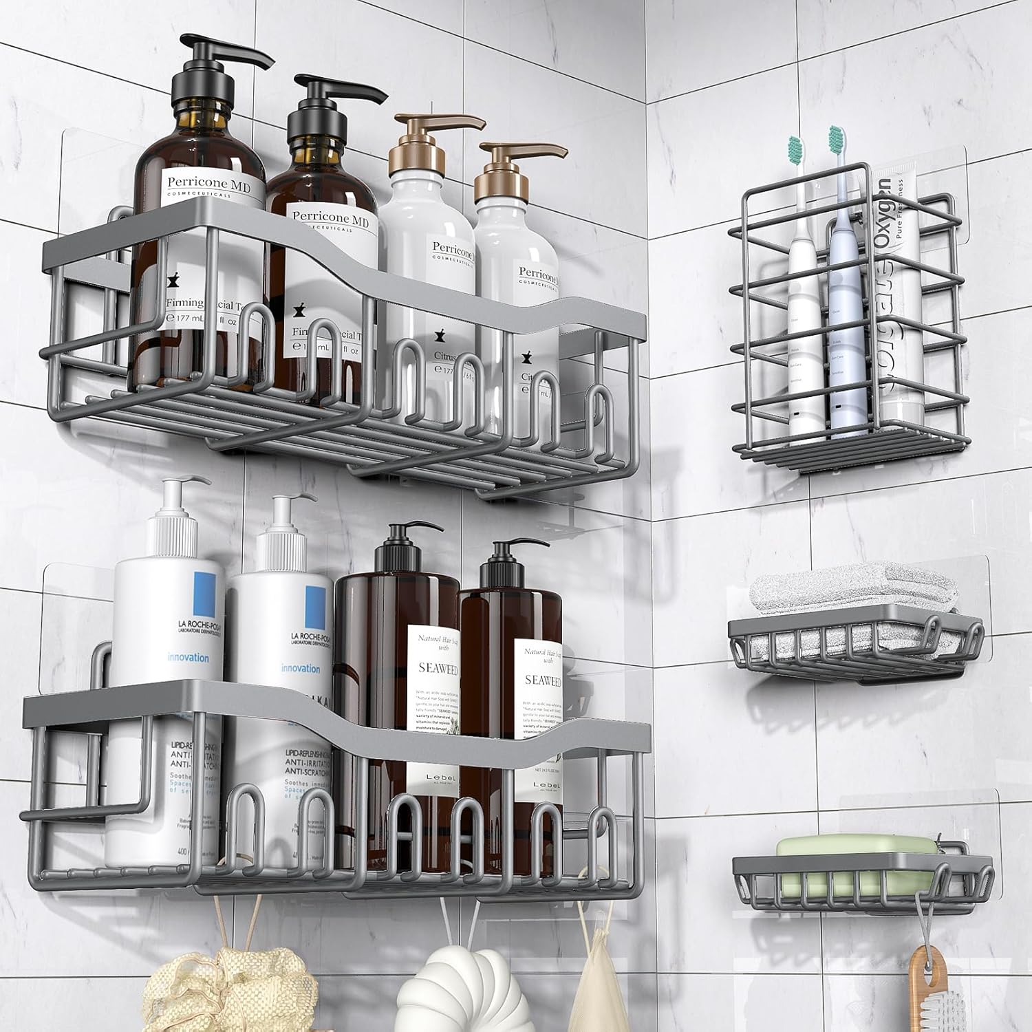 EUDELE Adhesive Shower Caddy, 5 Pack Rustproof Stainless Steel Bath Organizers With Large Capacity, No Drilling Shelves for Bathroom Storage & Home Decor Dormly