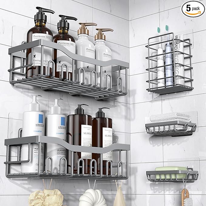 EUDELE 5-Pack Rustproof Stainless Steel Shower Caddy – No Drill Adhesive Bathroom Organizer with Large Capacity, Spacious Shower Shelves for Inside Shower, Kitchen & Home Decor Storage-XL Size