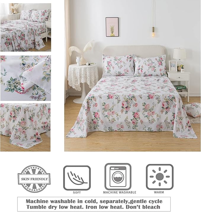 FADFAY Full Size Sheets Set - Pink Rose Floral Shabby Peony Flower Bed Sheet - Vintage Farmhouse 100% Cotton Ultra Soft Breathable Bedding With Deep Pocket Fitted Sheet, 4 Pieces