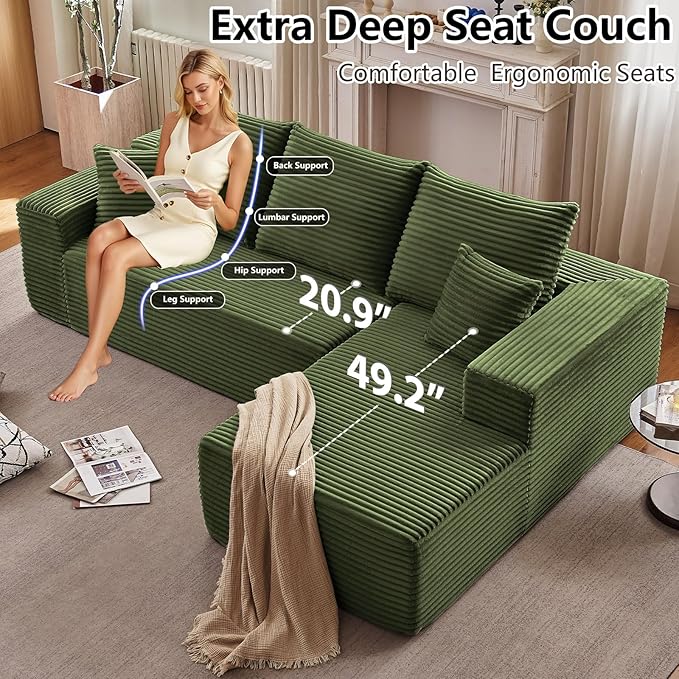107" Cloud Sectional Couch with L-Shape Chaise, Modern Modular Comfy Sofa Chaise Longue, Upholstered Corduroy Couches Sleeper with Deep Seat for Living Room Bedroom, No Assembly Required, Green