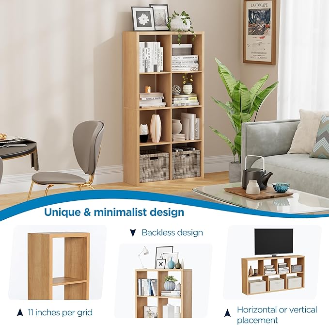 8 Cube Storage Organizer, Cube Shelf with Heavy-Duty Thick Boards, 25.12" L x 9.37" W x 48.74" H, Smooth Easy-Clean Panels, Simple Assembly, for Living Room Bedroom Office, Natural-Oak