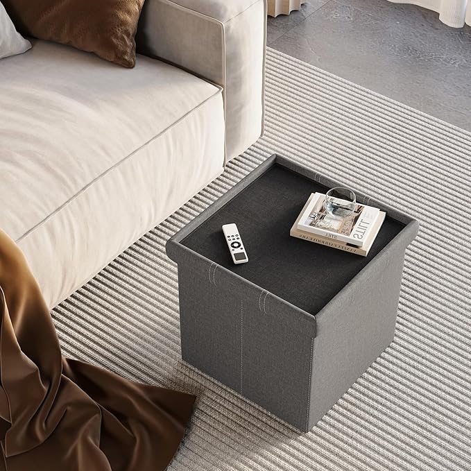 YOUDENOVA 15 inches Storage Ottoman Cube, Foldable Storage Boxes, Padded Seat for Dorm Living Room, Support 300lbs, Line Fabric Grey